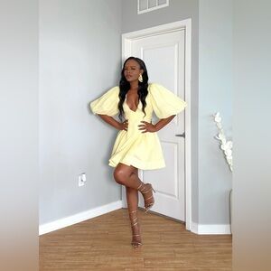 Aliava Yellow Puff Sleeve Mini Dress